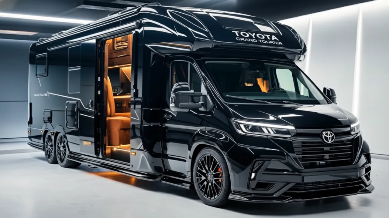 Front and interior photos of the 2026 Toyota Motorhome, which features modern technology and a powerful engine.