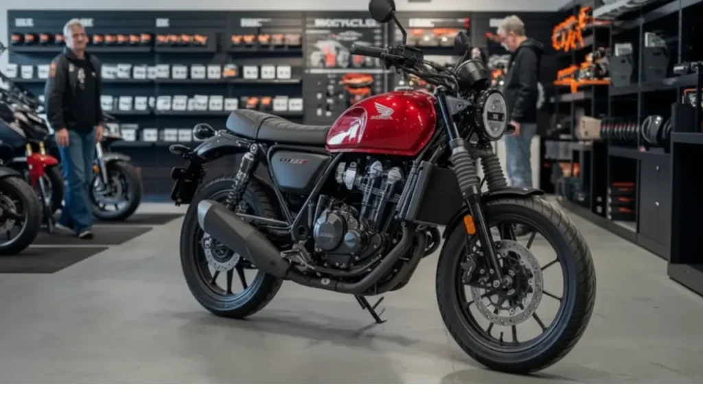 I want to make a feature 1200x630 pixel image like this, but not a copy. and try metallic red color and large alloy wheels. on- Honda H’ness CB350 2025