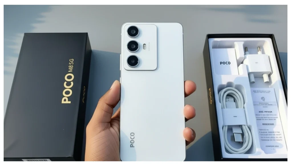 Poco M8 5G smartphone showing design and display with big battery and 50MP camera